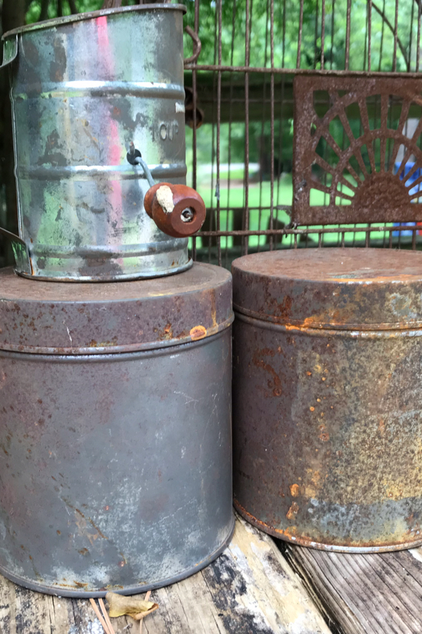 Old rusty tins, cans, and even flour sifters make good containers for flowers