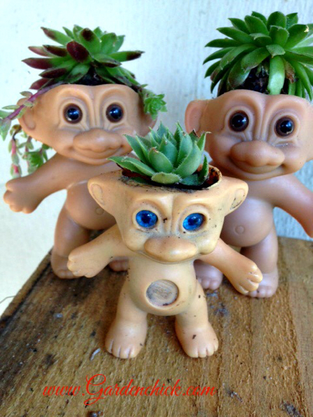 Create a quirky container by planting a troll doll with succulents