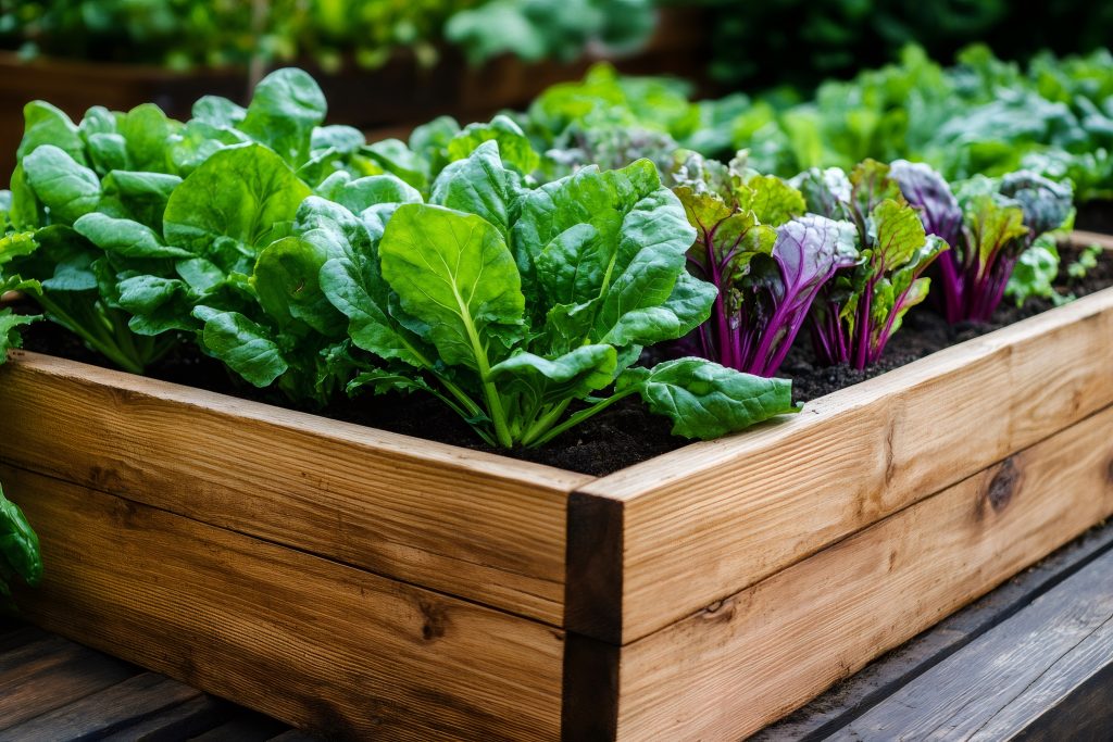 Leafy green and purple vegetables thriving in a wooden raised bed, promoting healthy eating and urban gardening